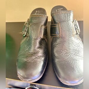 Boc slip on shoes clogs. Brown pebble leather. Buckle detail. 3” heel size 10